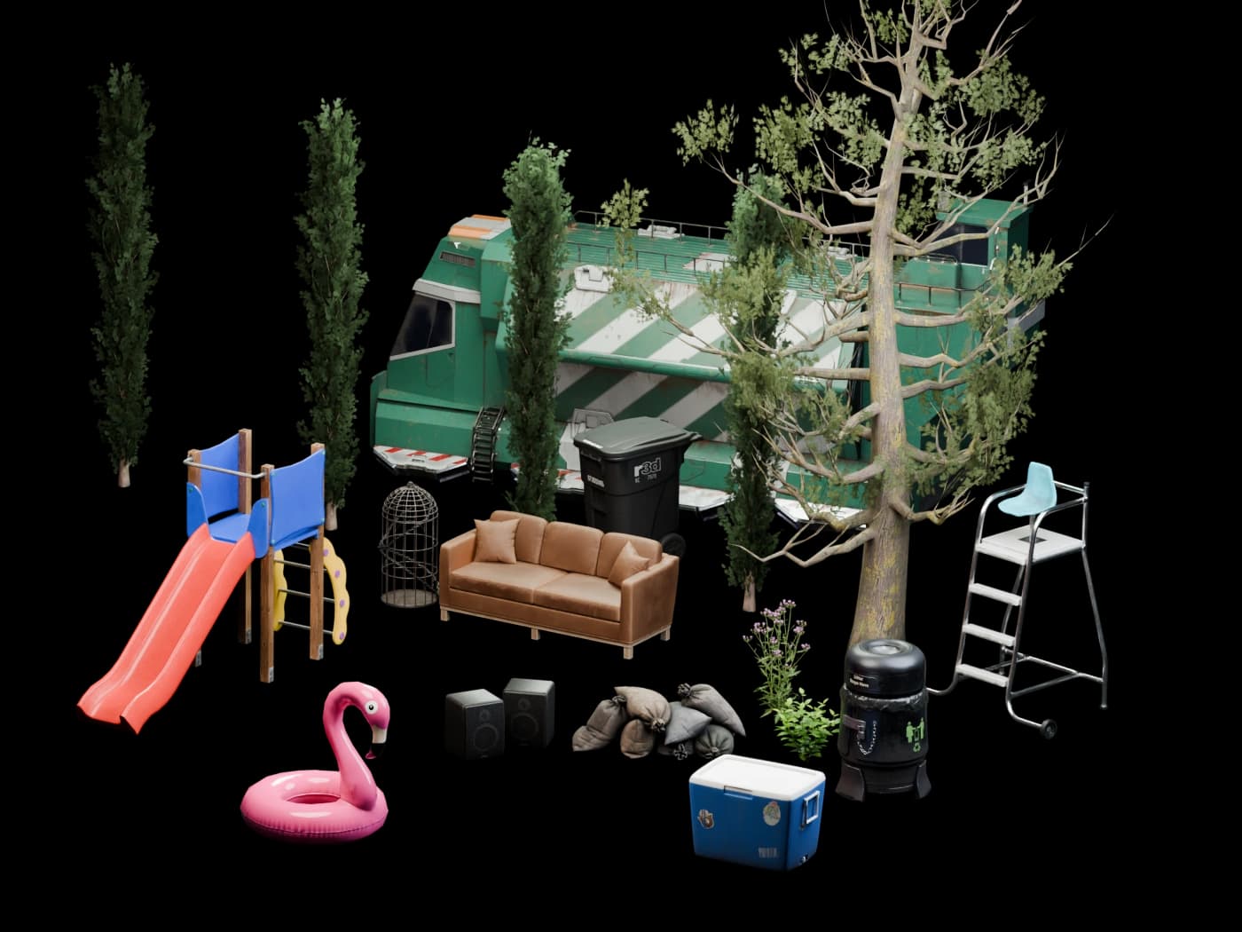 Game ready vehicles, furniture, props and plants made by Riley Brown, arranged in a Blender scene