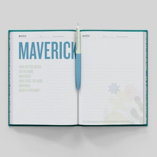 Open Maverick notebook with a pen across its lined pages