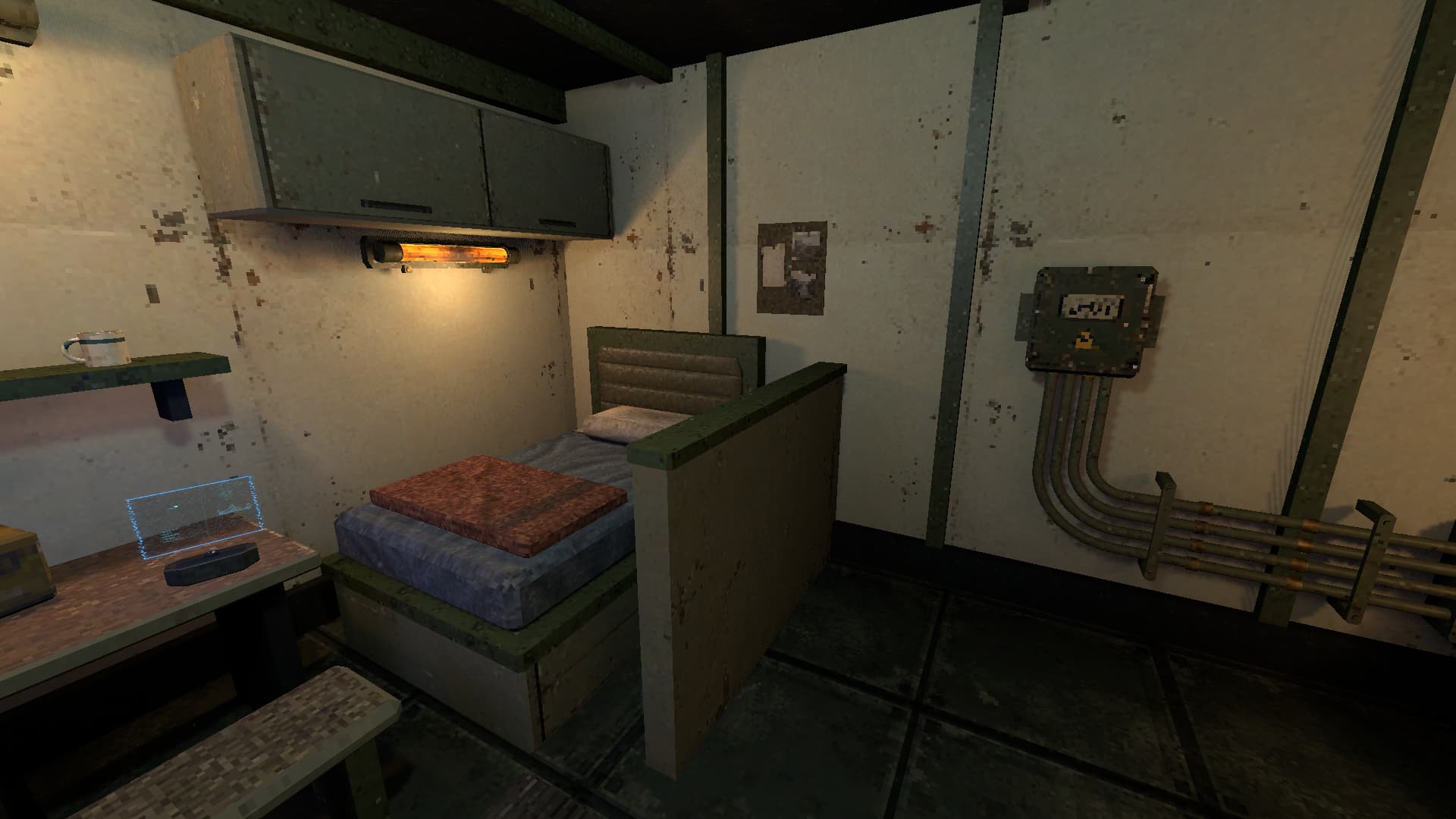 A compact apartment with a bed, holographic display and exposed wall wiring