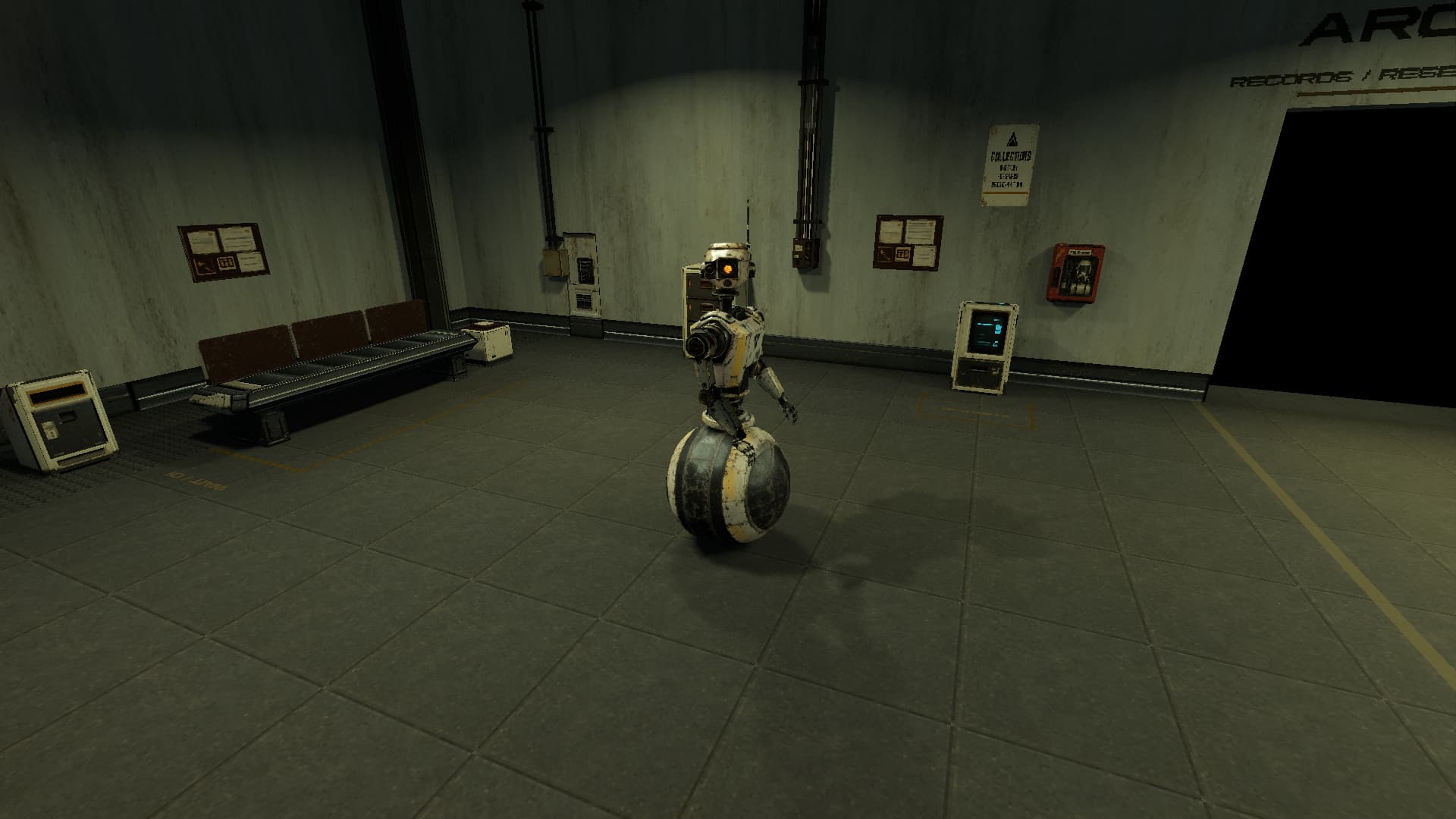 The wheeled archive attendant waits near the reception benches