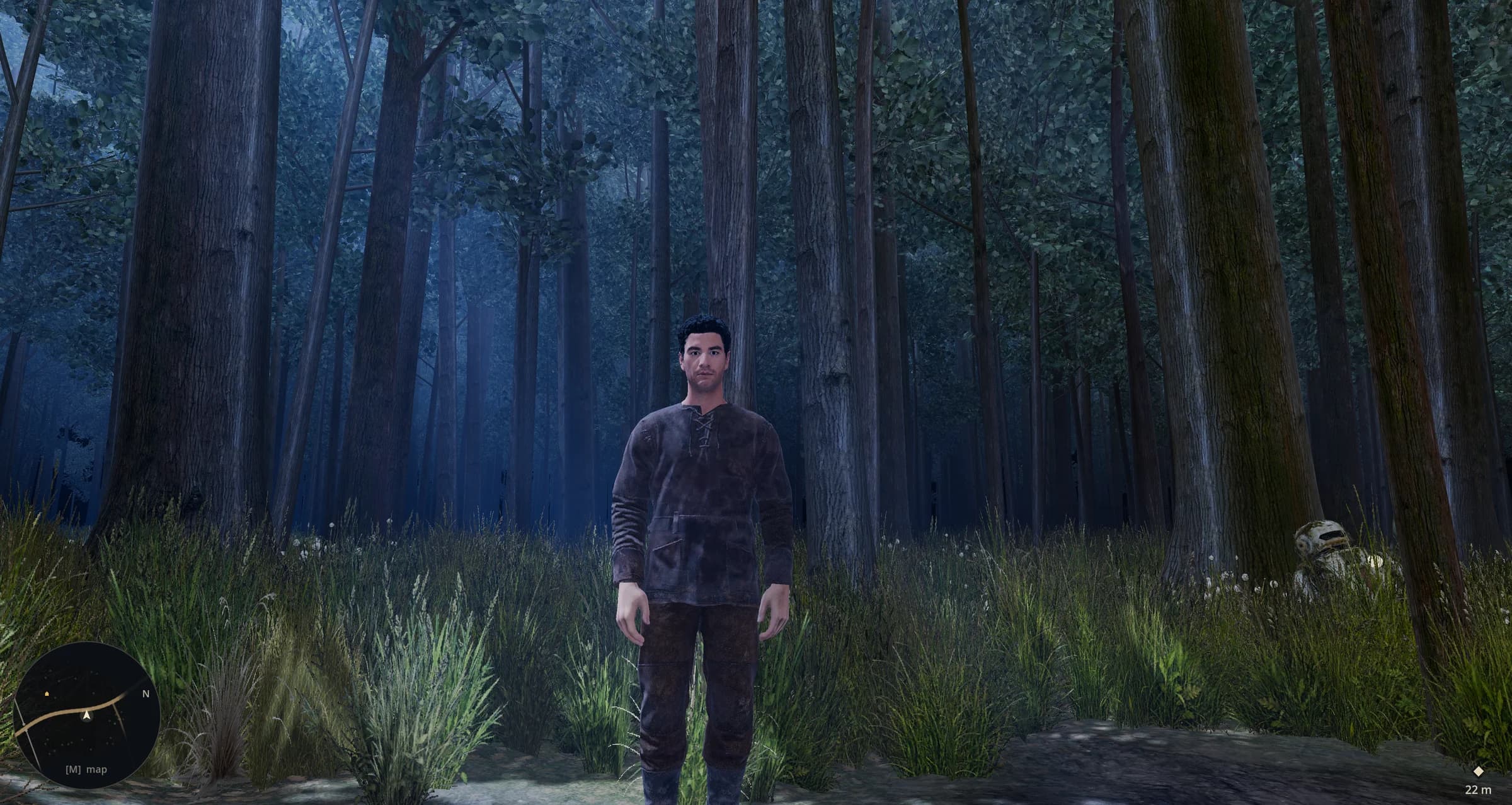 The groundskeeper standing among moonlit trees in the Quorum's woodland