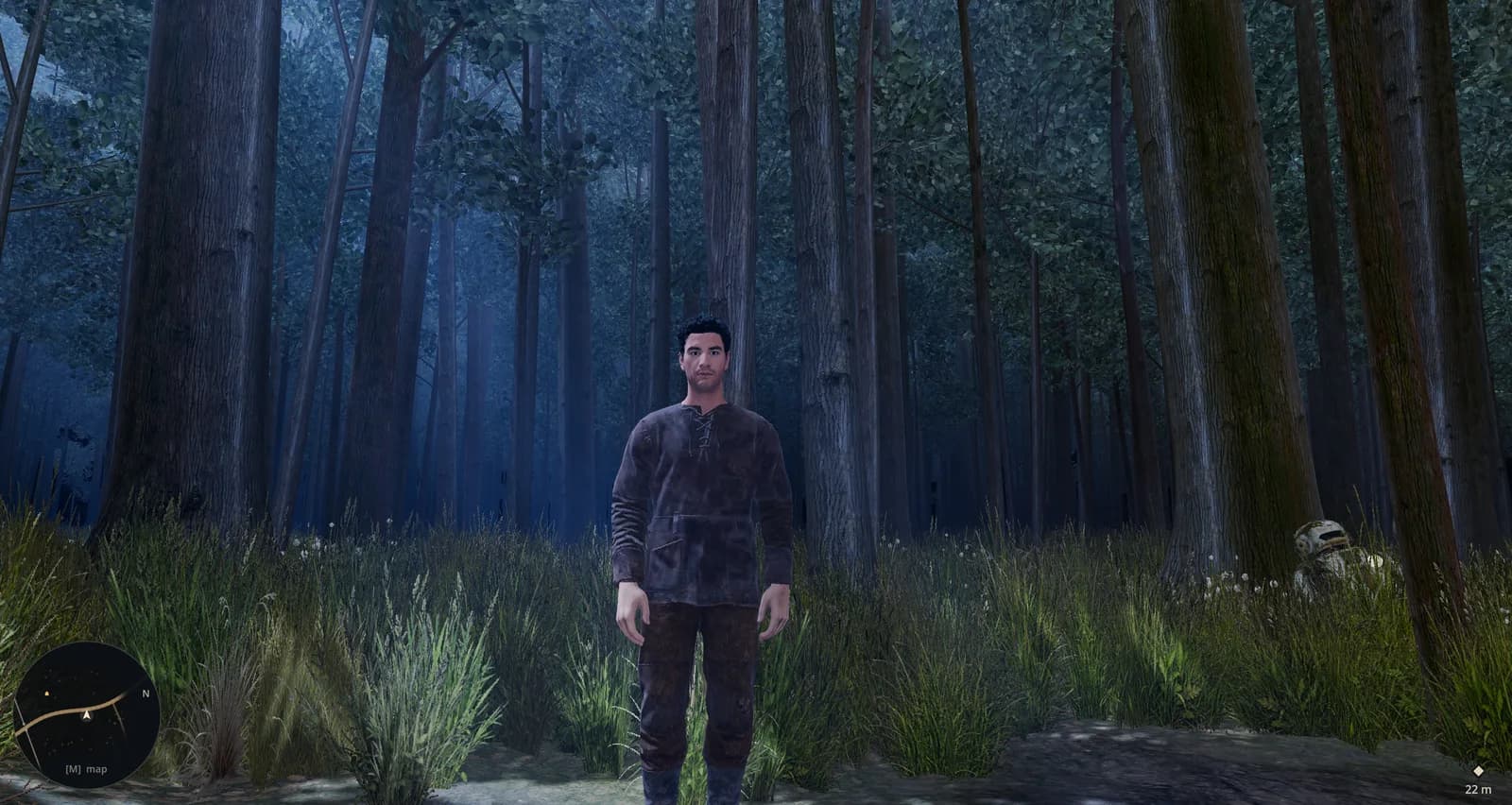 The groundskeeper standing among moonlit trees in the Quorum's woodland