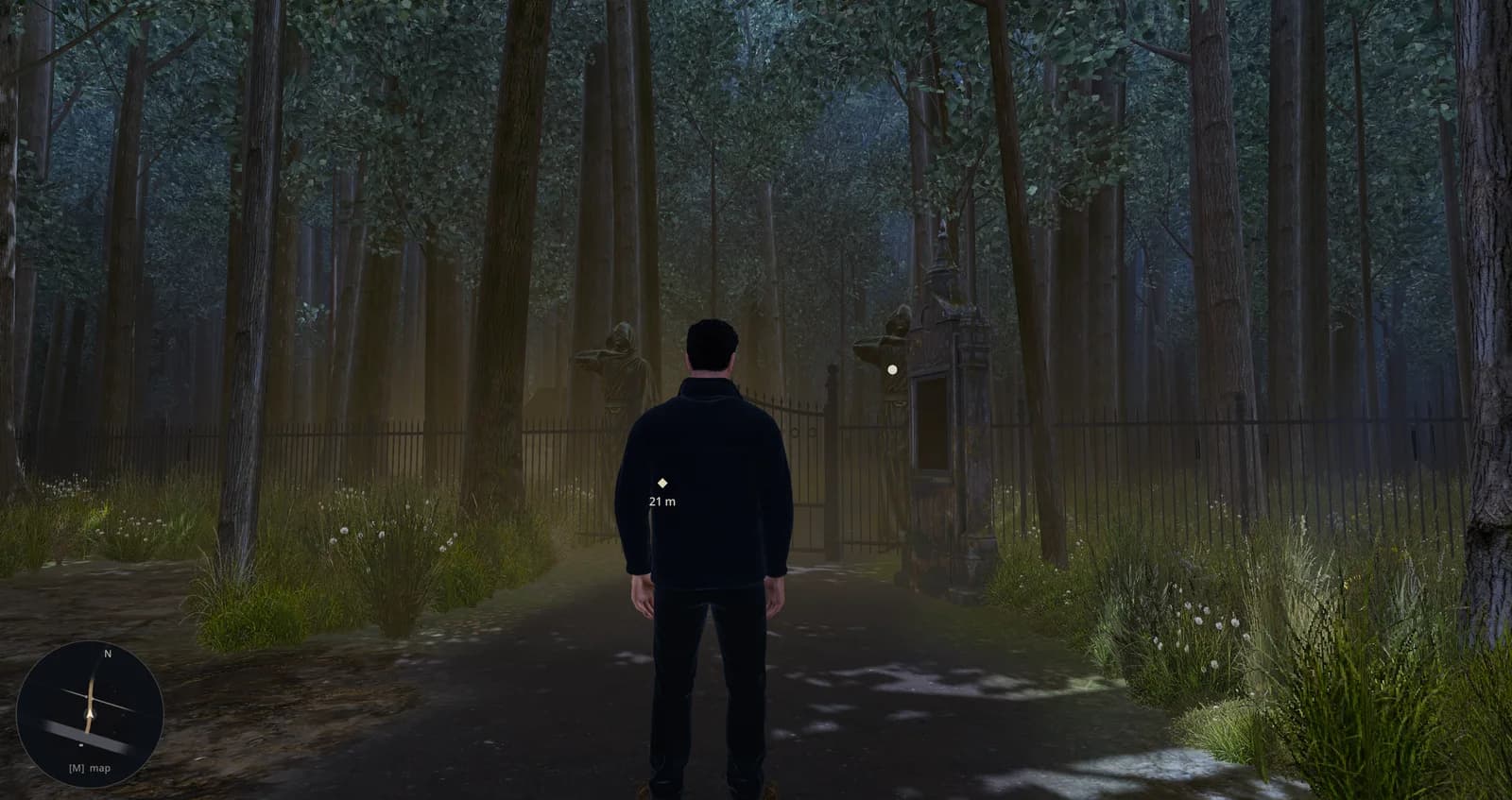 Walking the woodland path toward the gate at dusk