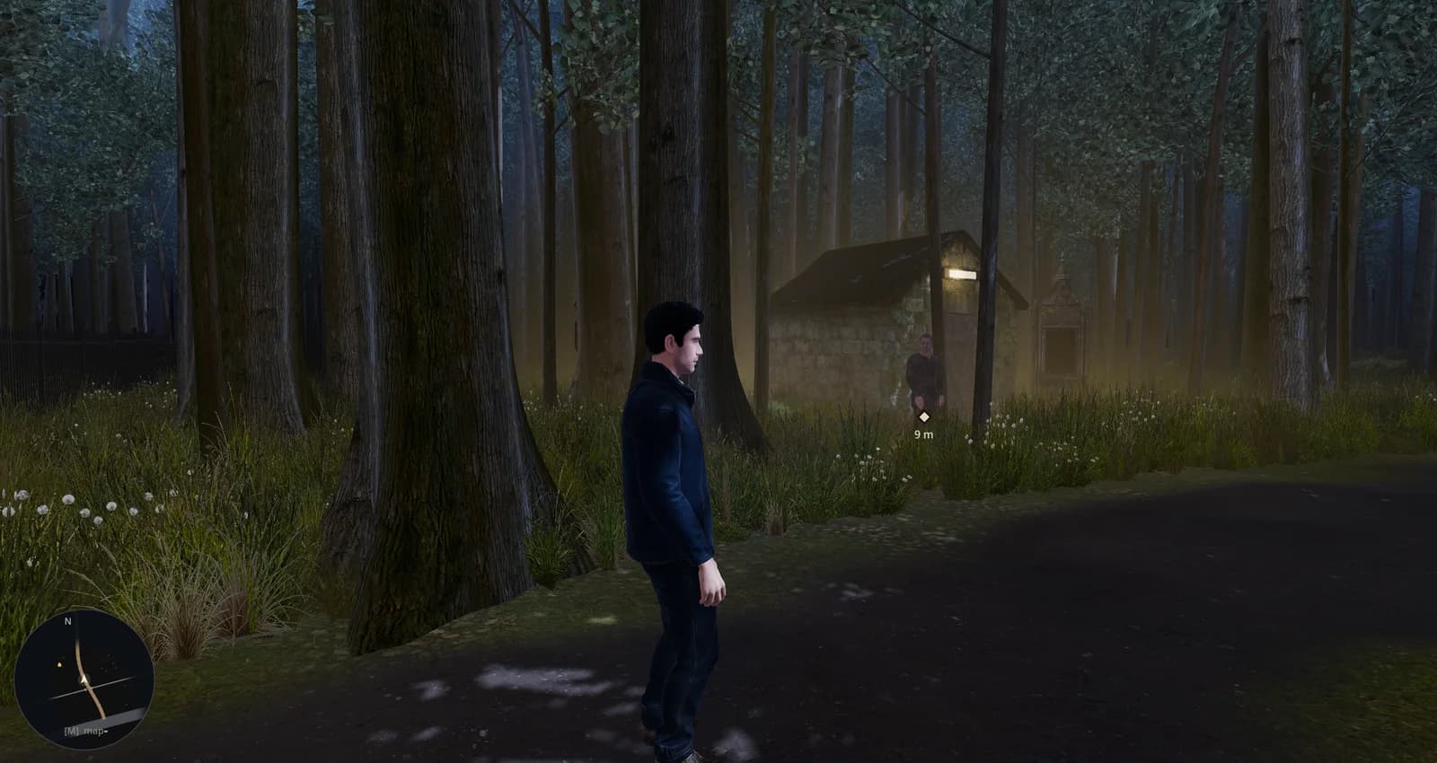 Approaching the old groundskeeper's lit stone shack through the trees