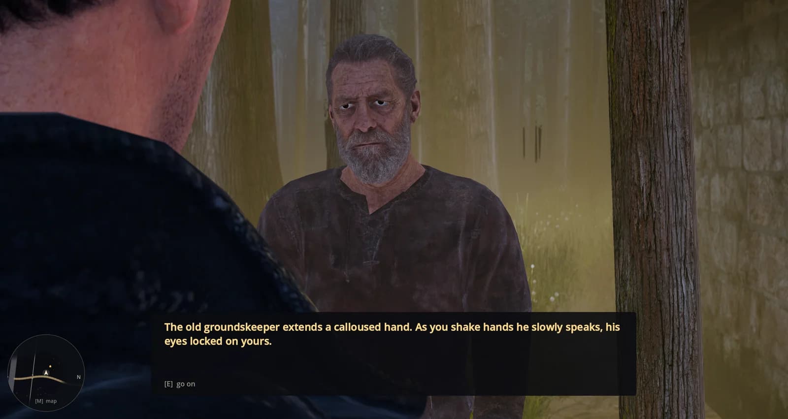 The old groundskeeper extends a calloused hand, his eyes locked on yours