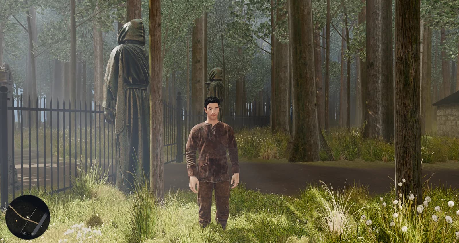 A hooded statue watching the gate by day, now in the keeper's garb