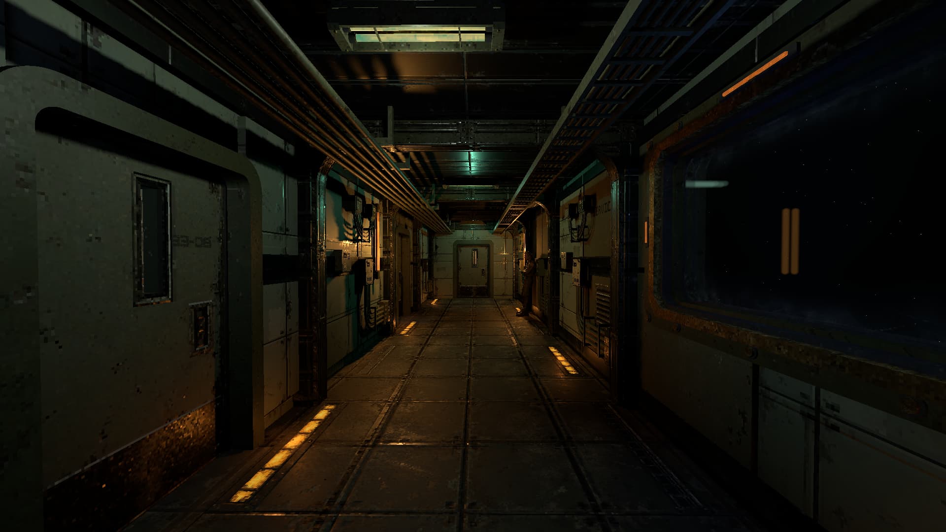 Warm floor lights and exposed pipes line the starship's residential corridor