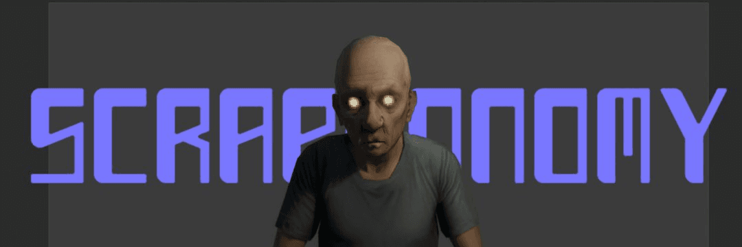 Scrapconomy — a character with glowing eyes stands before the game logo