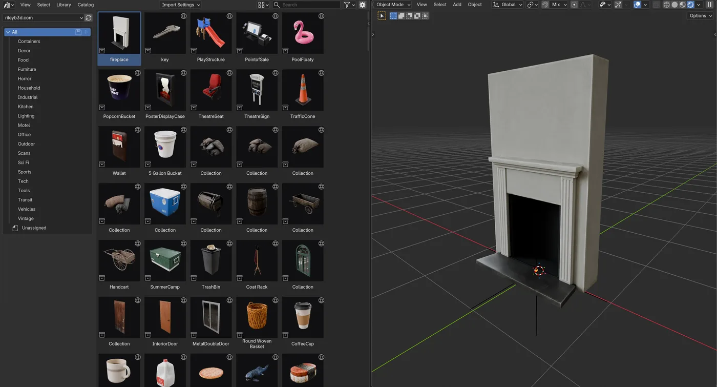 The rileyb3d Asset Browser in Blender beside a fireplace model added to the scene