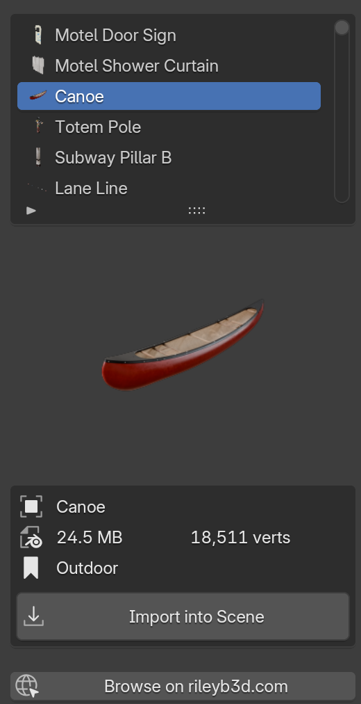 Selected model with thumbnail, file size and vertex count